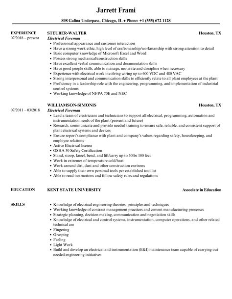 Electrical Foreman Resume Samples | Velvet Jobs