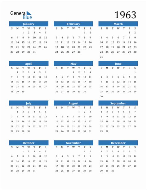 1963 Calendar (PDF, Word, Excel)
