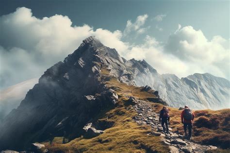 Premium AI Image | Photograph of people hiking in imposing mountains