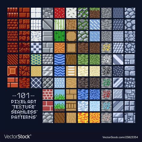 Pixel art style set of different 16x16 texture pattern sprites - stone, wood, brick, dirt, metal ...