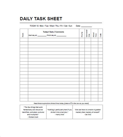 Printable Employee Task List Template