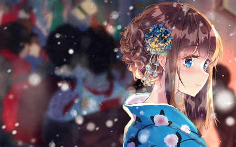 Wallpaper : anime girls, kimono, chignon, snow, winter, blue eyes ...