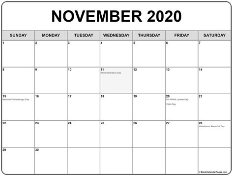 November 2020 with holidays calendar