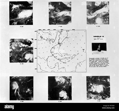 HURRICANE CAMILLE, 1969. /nDay-by-day photographs of Hurricane Camille and a map of its path, as ...