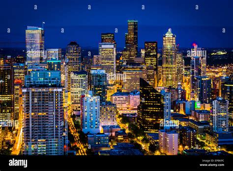 View of the downtown Seattle skyline at night, in Seattle, Washington Stock Photo - Alamy