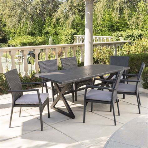 Ariana Outdoor 7 Piece Aluminum Dining Set with Wicker Dining Chairs ...