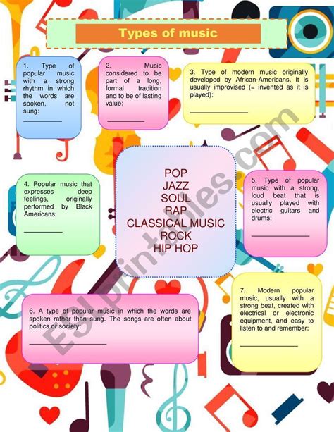 TYPES OF MUSIC - ESL worksheet by angeles bosch | Types of music, Music ...