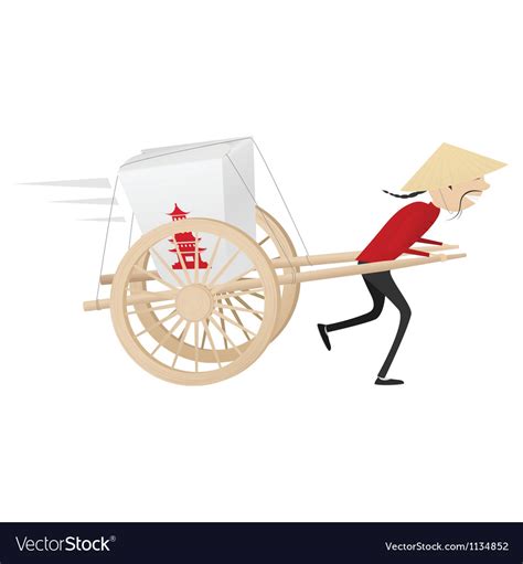 Funny chinese food delivery boy with wooden wagon Vector Image