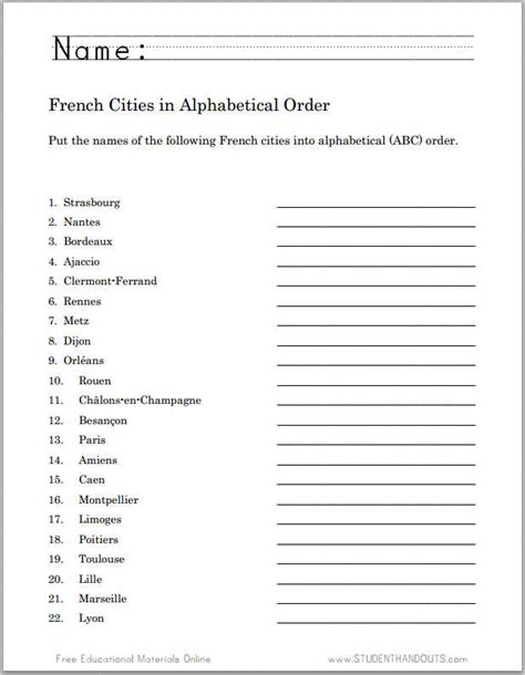 French Cities in ABC Order Worksheet | Student Handouts