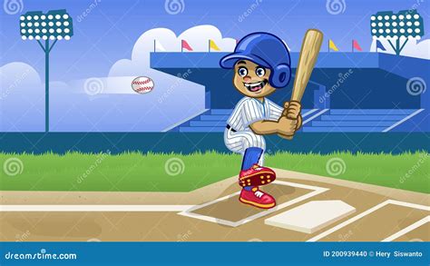 Cartoon Baseball Player Playing in the Stadium Stock Vector ...