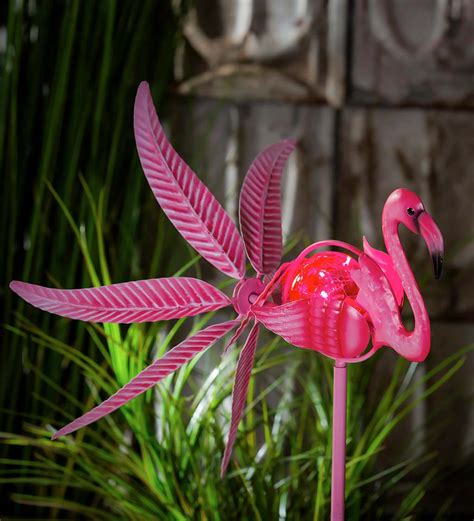 Solar Flamingo Metal Wind Spinner with Glass Orb | Wind Spinners | Garden Accents | Yard ...