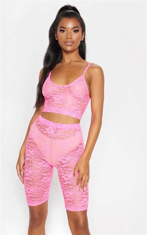 Neon Pink Lace Scoop Neck Strappy Crop Top | PrettyLittleThing USA