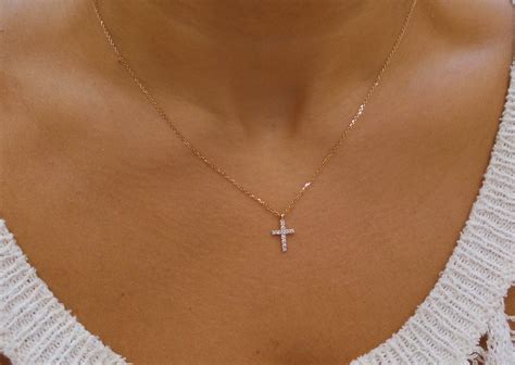 Diamond Cross Necklace / 14k Gold Diamond Cross / Dainty Diamond Cross / 14k Rose Gold Cross ...