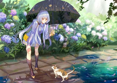 720P free download | Come with me!, kirayoci, hydrangea, umbrella, manga, cat, animal, girl ...