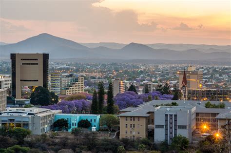 Skyline Of Windhoek City At Sunset Stock Photo - Download Image Now - iStock