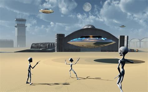 Grey Aliens and their flying saucers at Area 51, a top secret base in Nevada, USA Poster Print ...