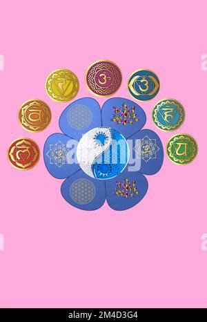 Chakra symbols and sacred geometry symbols isolated on color background with copy space for ...