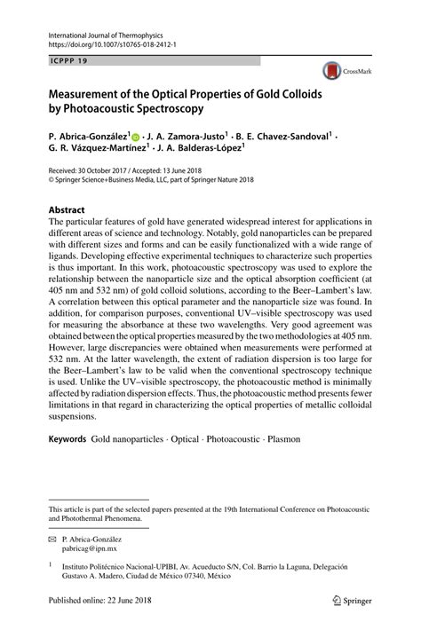 (PDF) Measurement of the Optical Properties of Gold Colloids by Photoacoustic Spectroscopy