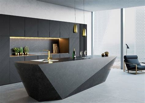 îlot central design béton noir éclairage cuisine moderne style minimaliste | Cuisine moderne ...