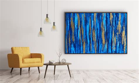 60x48 Inches Blue Gold Abstract Contemporary Painting Large Canvas Wall Art - Modern - Sunroom ...