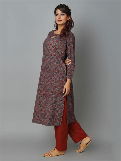 Buy Multi Color Hand Block Printed Ajrakh Kurta online at Theloom