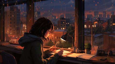 Girl Studying Night City 4K #6981k Wallpaper PC Desktop