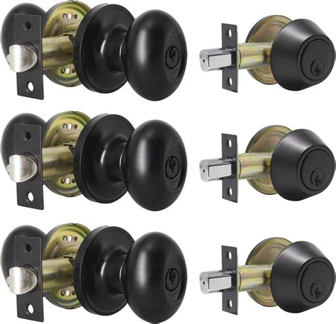 3 Pack Keyed Entry Door Knob and Single Cylinder Deadbolt Combination Set in Matte Black Finish ...