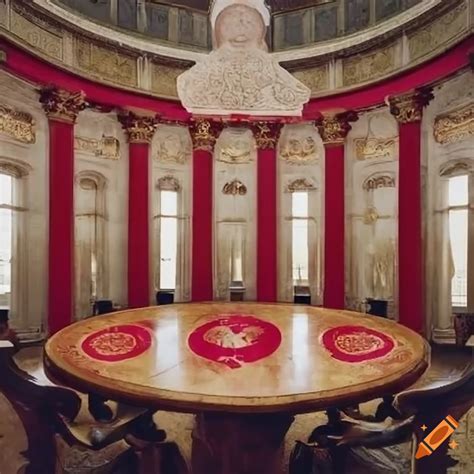 Round meeting room with marble pillars and red and gold banners on Craiyon