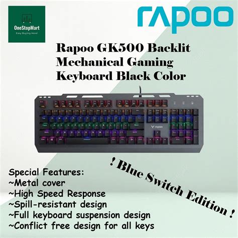 RAPOO GK500 Backlit Mechanical Gaming Keyboard US Black Color/RAPOO GAMING KEYBOARD/ BLUE SWITCH ...