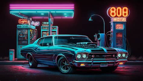 Online crop | HD wallpaper: AI art, muscle cars, American cars, gas station, neon, reflection ...