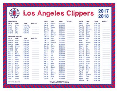 Printable 2017-2018 Los Angeles Clippers Schedule