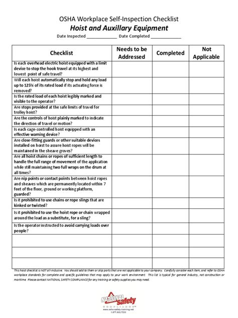 Printable Osha Safety Checklist