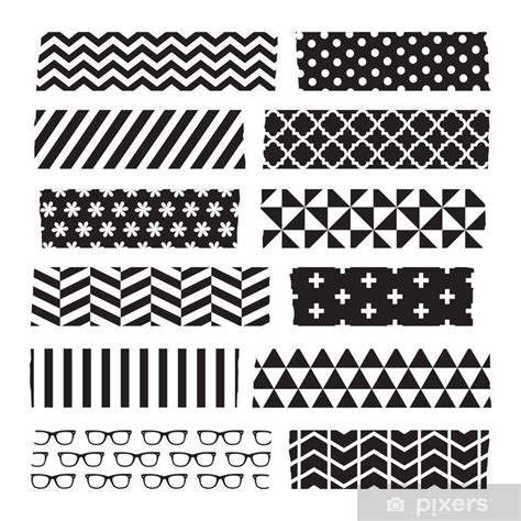 Wall Mural Set of black and white patterned washi tape stripes - PIXERS.US