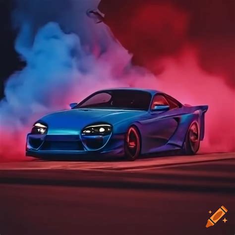 Toyota supra performing a burnout with blue and red smoke on Craiyon