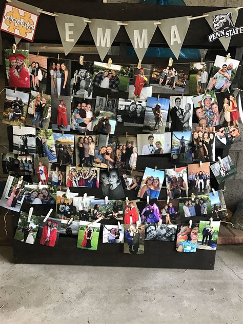 a collage of photos hanging on a wall with flags and bunting around it