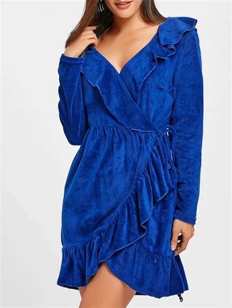 Blue Velvet Dress Women Long Sleeve Ruffles Solid Blue Elegant Party Women Dress Sexy Bandage V ...