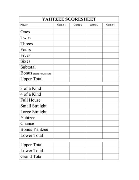 Large Printable Yahtzee Sheet