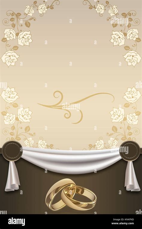 Decorative wedding background with elegant flowers of rose, gold rings and decorative silk ...