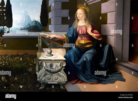 Detail of Annunciation, by Leonardo da Vinci, circa 1472, Uffizi Stock ...