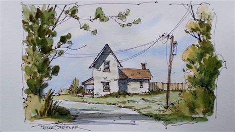 Pen and Wash Fall Farmhouse Watercolor Tutorial. Quick and Fun beginner ...