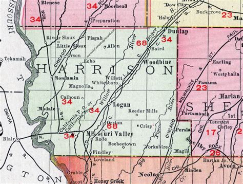 Harrison County, Iowa, 1911, Map, Logan, Missouri Valley, Woodbine, Dunlap