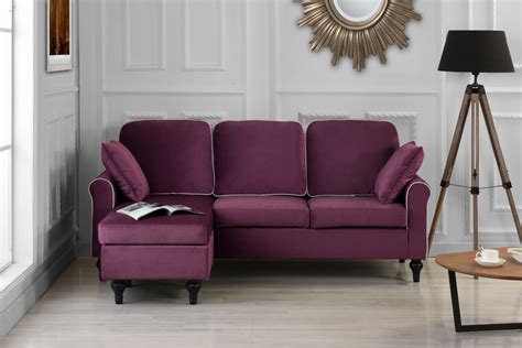 Classic and Traditional Small Space Velvet Sectional Sofa with Reversible Chaise (Purple ...