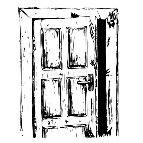 A Scary Ajar Wooden Door with Traces of Handprints. Doodle Illustration ...