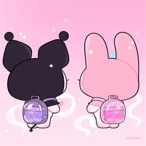 two cartoon characters with backpacks on their backs, one is pink and the other is blue