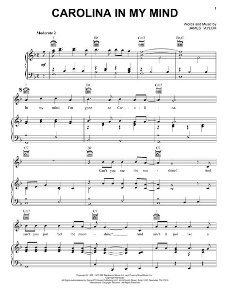 Carolina In My Mind by James Taylor Sheet Music for Piano, Vocal & Guitar Chords (Right-Hand ...