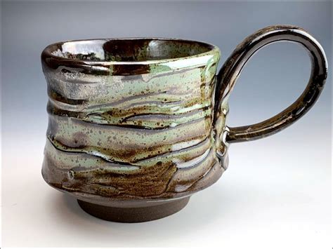 rustic green COFFEE MUG | large ceramic mug, drippy spotted sage glaze ...