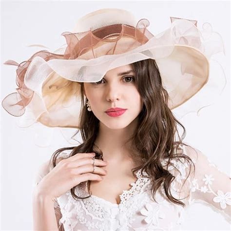 Beige Summer Hat Wide Brim Flower Sun Elegant Organza Beach Hats ...