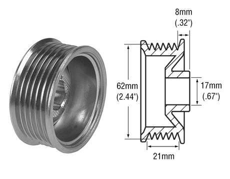 Part #. 2412792 6-Groove Alternator Pulley. Dimensions: 21mm Belt x 62mm OD x 17mm Bore ...