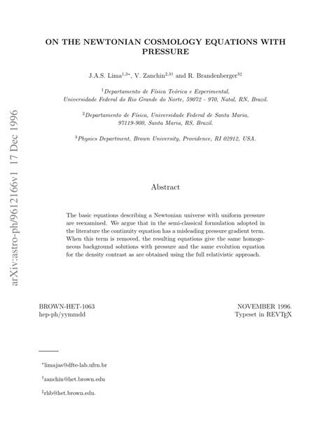 (PDF) On the Newtonian Cosmology Equations with Pressure