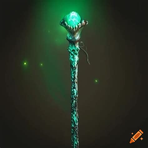 Dark scepter with green stone and engraved runes